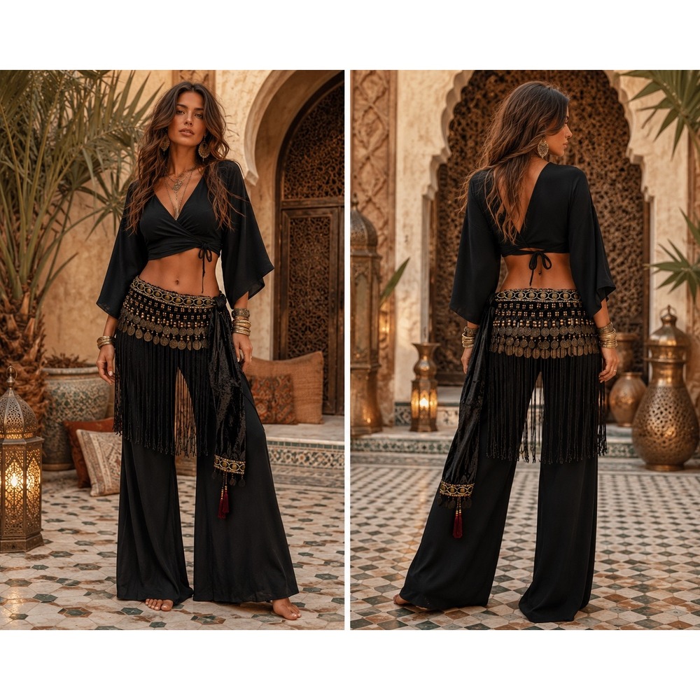 Bohemian Belly Dance Hippie Tribal Scarf Black Velvet Gold Coin Fringe Wrap Belt